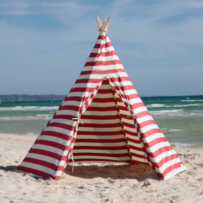 red tee pee with stripes