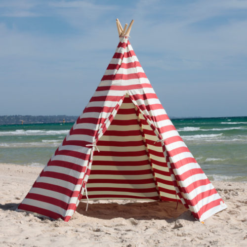 red tee pee with stripes